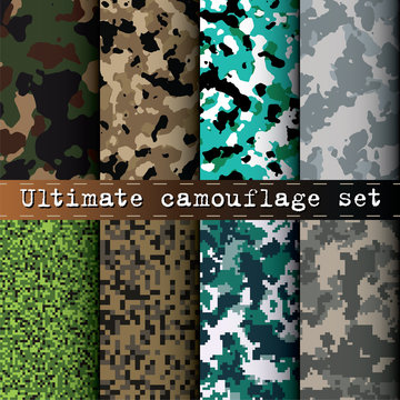 Ultimate camouflage set of 8 various camo patterns vector