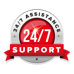 Red 24/7 support badge with ribbon and steel border