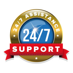 Blue 24/7 support badge with ribbon and goldl border