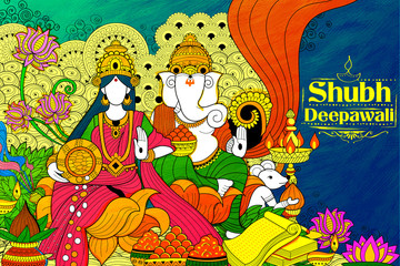 Goddess Lakshmi and Lord Ganesha on happy Diwali Holiday doodle background for light festival of India