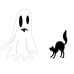 Vector illustration. Ghost and scared hissing cat silhiuette. Art for Halloween.