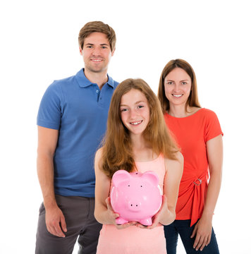 Parent With Her Daughter Holding Piggybank