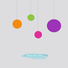 Happy New Year greeting card with orange purple pink green baubl