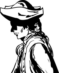 Outlined man in tricorn hat over white