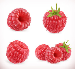 Raspberry. Sweet fruit. 3d vector icons set. Realistic illustration - obrazy, fototapety, plakaty