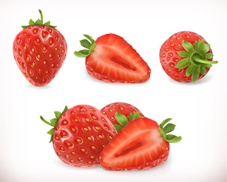 Strawberry. Sweet fruit. 3d vector icons set. Realistic illustration
