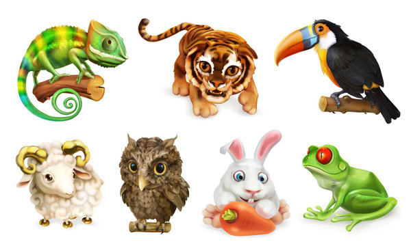 Funny animal set. Cartoon character 3d vector icon