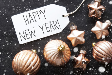 Bronze Christmas Balls, Snowflakes, Text Happy New Year