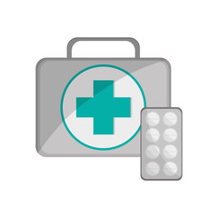 flat design first aid kit and medicine tablets icon vector illustration