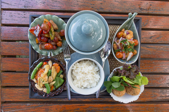 Thai food set on wood table