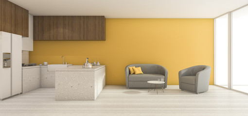 3d rendering minimal yellow living and dining room with nice decor