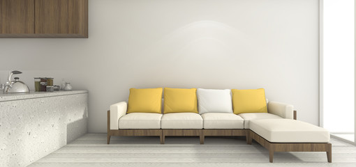 3d rendering yellow sofa in minimal white kitchen and dining room