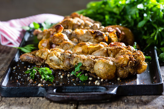Roasted chunchules. Typical Latin American Chilean and argentine food.