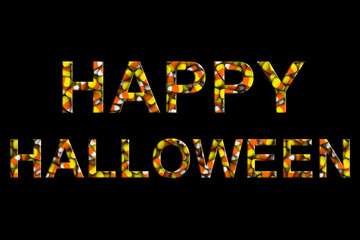 Naklejka na ściany i meble Happy Halloween Text made of Candy Corns Isolated on Black 3D Illustration