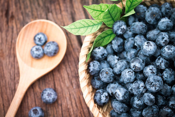 closeup fresh picked blueberries in the basket on wooden background