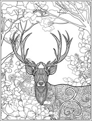 Coloring page with deer in forest.