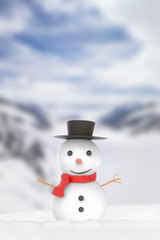 smiling snowman 3d rendered on snow mountain background