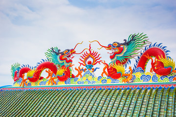 Dragons statue on the roof of Chinese temple with cloud blue sky.