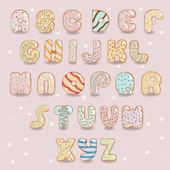 White chocolate donuts font. Artistic alphabet