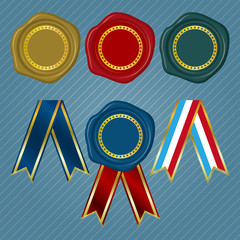 Different color Wax Seals with circular floral frame and different collection of ribbon