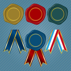 Different color Wax Seals with circular floral frame and different collection of ribbon