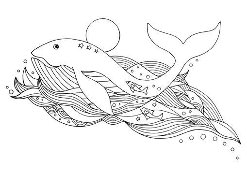 cute whale swimming in the sea, ocean, vector hand drawn design