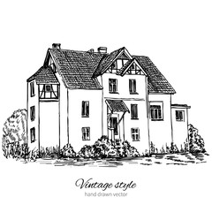 Old mansion among tree, hand drawn black sketch, ink vector engraved illustration isolated on white background, Europe, Historical tile village building line, Postcard template with european house