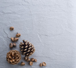the pine nuts on wooden table.