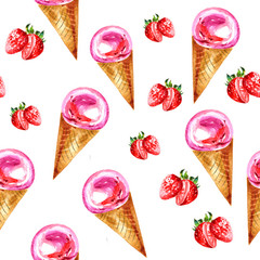 Seamless pattern with ice cream cones. Watercolor.