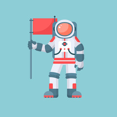 Astronaut holding red flag vector illustration. Single astronaut in spacesuit isolated on blue background. Modern flat style design