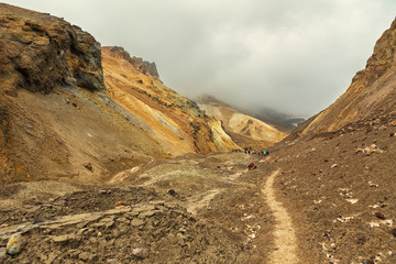 Climbing to active volcano Mutnovsky on Kamchatka.