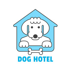 Dog hotel logo template in outline thin style for pet shop, hotel, club or vet clinic design. Cute dog resting in hotel vector icon. Easy to use and edit. Dog face minimalistic symbol
