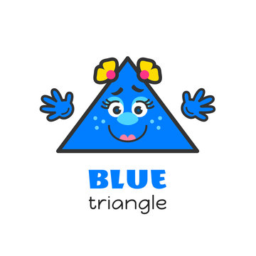 Triangle geometric shape vector illustration for kids. Cartoon blue triangle character with face and hands for preschool or primary school children. Set of funny geometric shapes