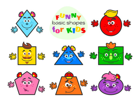 Basic geometric shapes vector illustration for kids. Funny cartoon shapes characters for preschool or primary school children with main colors: blue, green, yellow, pink, orange, purple, red, sky blue