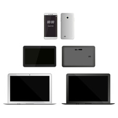 Set of two realistic front side white and black laptops with opened lids. Black tablet and white smartphone from a front and back sides. Electronic devices image.