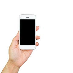 Woman hand holding and using mobile,cell phone,smart phone with isolated screen on white background.