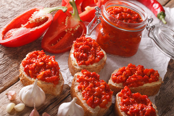 Sandwiches with butter and ajvar close-up. horizontal
