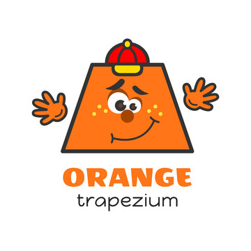 Trapezium geometric shape vector illustration for kids. Cartoon orange trapezium character with face and hands for preschool or primary school children. Card with funny geometric shape for kids