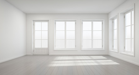 Vintage white room with door and window in new home - 3D rendering