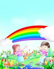 Obraz na płótnie Canvas Kids near pretty rainbow 