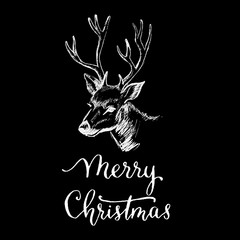 Merry Christmas lettering brush vector. With patterned deer hand