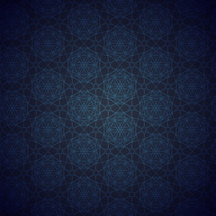 Dark modern Geometric background. Blue patterned net lace on black background