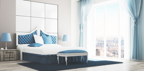 Camera da letto matrimoniale di lusso bianca e azzurra render - obrazy, fototapety, plakaty