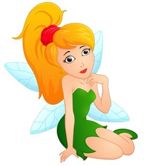 Sexy sitting fairy girl in green dress