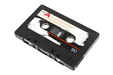 Close up of vintage audio tape cassette isolated on a white back