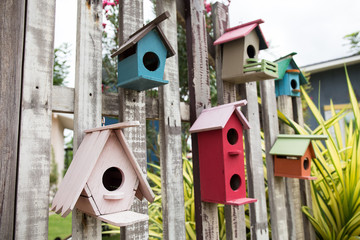 group of colorful wooden style birdhouse in garden