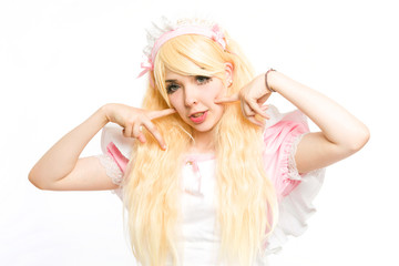 characterized maid manga girl makeup gesticulating in the studio