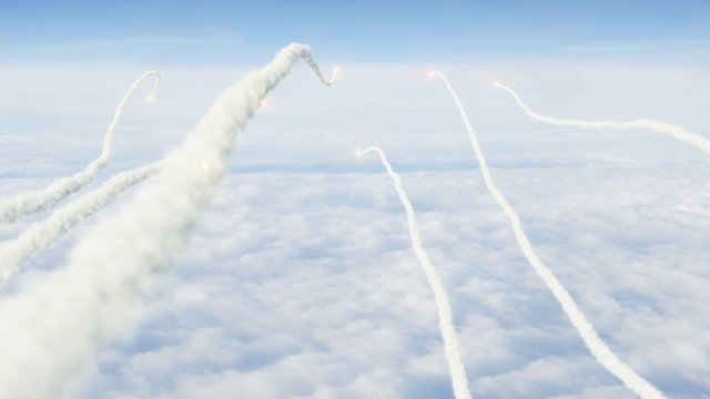 Swarm of rockets fired POV over the clouds winding into distance
