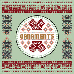 Vintage Nordic Ornament. Ethnic National Ornament. Retro Geometric Embroidery Swatch. Green, Burgundy digital background vector illustration.