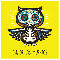 Dia De Los Muertos. Greeting card with sugar skull owls.